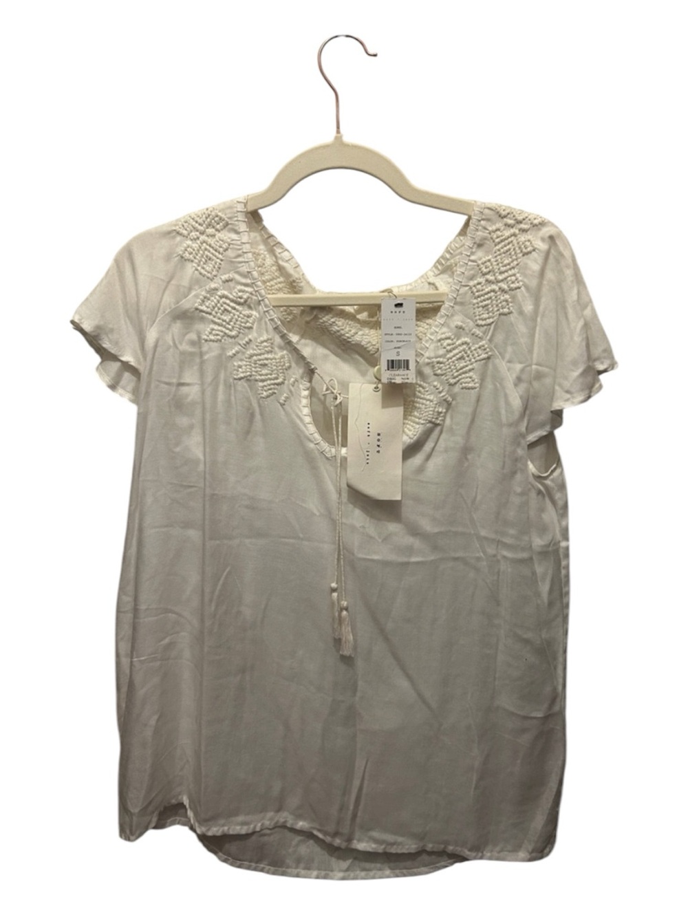 Soft Joie White Embroidered Boho Tie-Neck Blouse